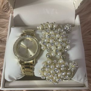 Gold Watch with Silver Pearl and Diamond Bracelets